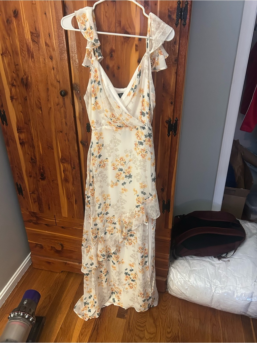 Lulu's Cream Floral Wrap Maxi Dress with Yellow & Green Accents